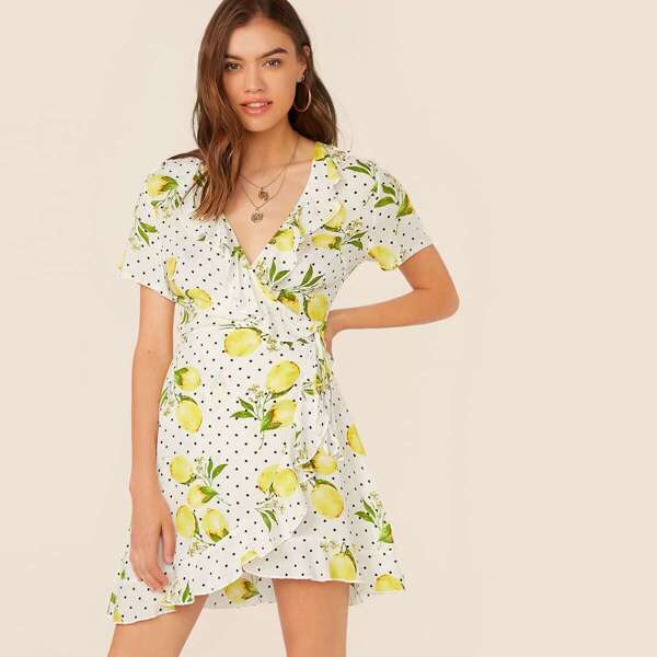 

Ruffle Trim Fruit & Polka Dot Print Wrap Dress