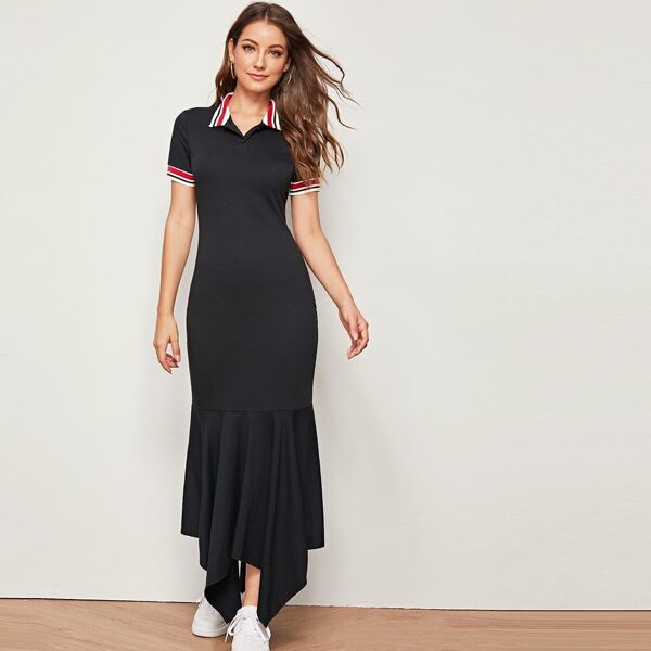 

Striped Trim Asymmetrical Fishtail Hem Polo Dress