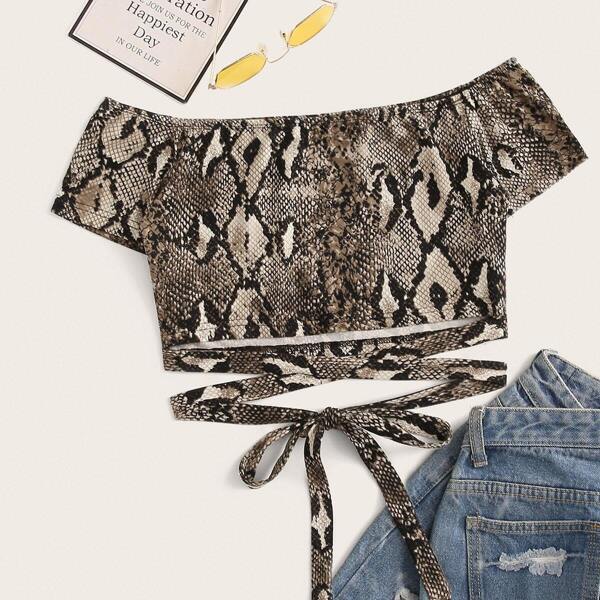 

Snakeskin Print Off Shoulder Tie Hem Top