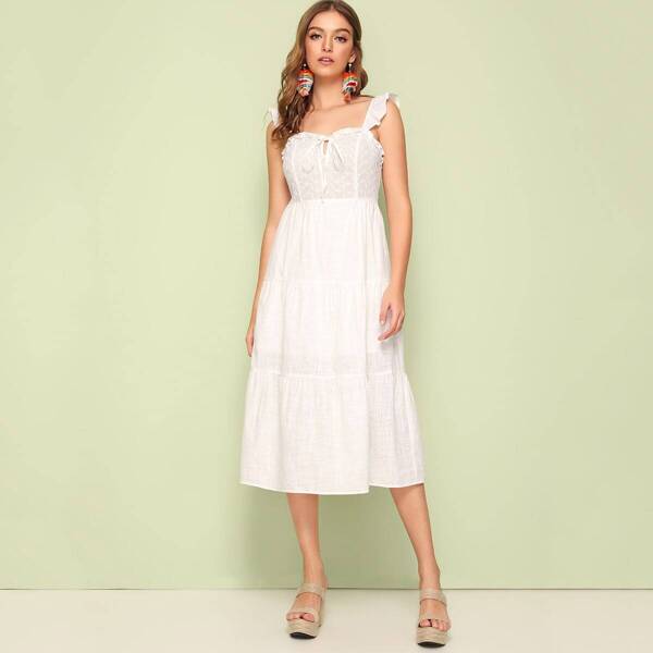 

Tie Front Eyelet Embroidered Layered Slip Dress, White