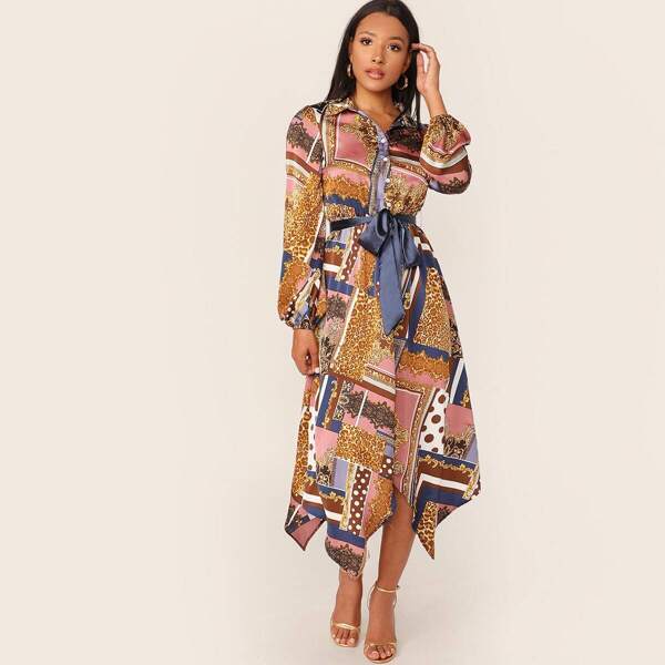 

Scarf Print Hanky Hem Belted Dress