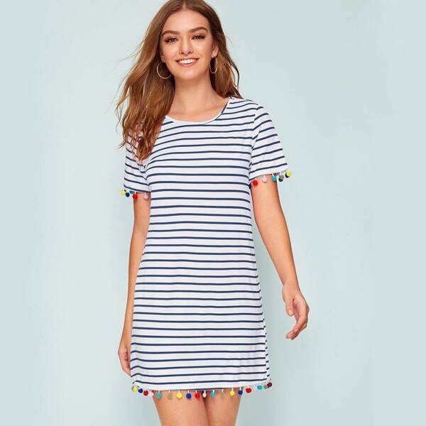 

Colorful Pompom Trim Striped Tee Dress
