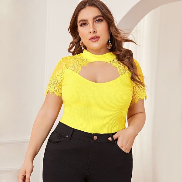 

Plus Neon Yellow Mock-Neck Cut Out Lace Shoulder Top