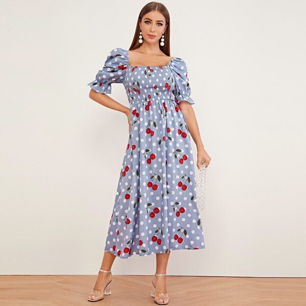 

Shirred Bodice Puff Sleeve Cherry and Polka-dot Print Dress, Multicolor