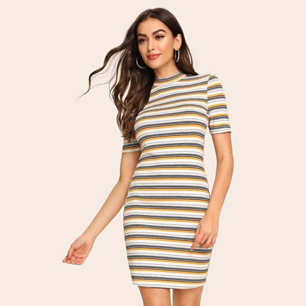 

Striped Rib-knit Bodycon T-shirt Dress
