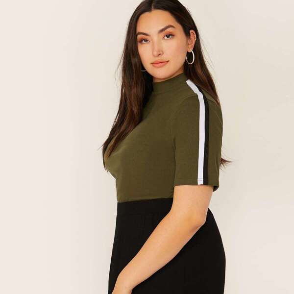 

Plus Mock-Neck Striped Tape Shoulder Rib-knit Top