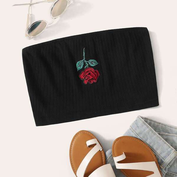 Embroidered Rose Bandeau Top