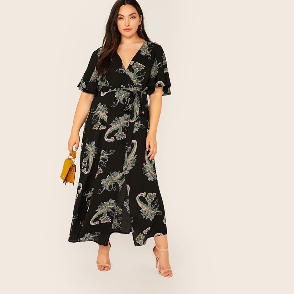 

Plus Flutter Sleeve Floral Print Wrap Belted Dress, Black