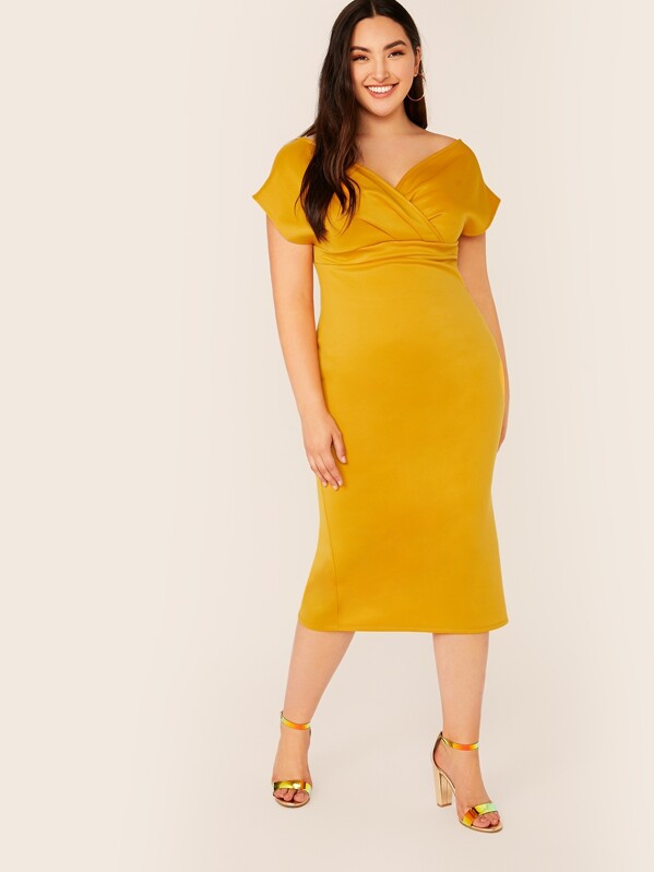 

Plus High Waist Sweetheart Split Back Pencil Dress, Yellow, Yumi