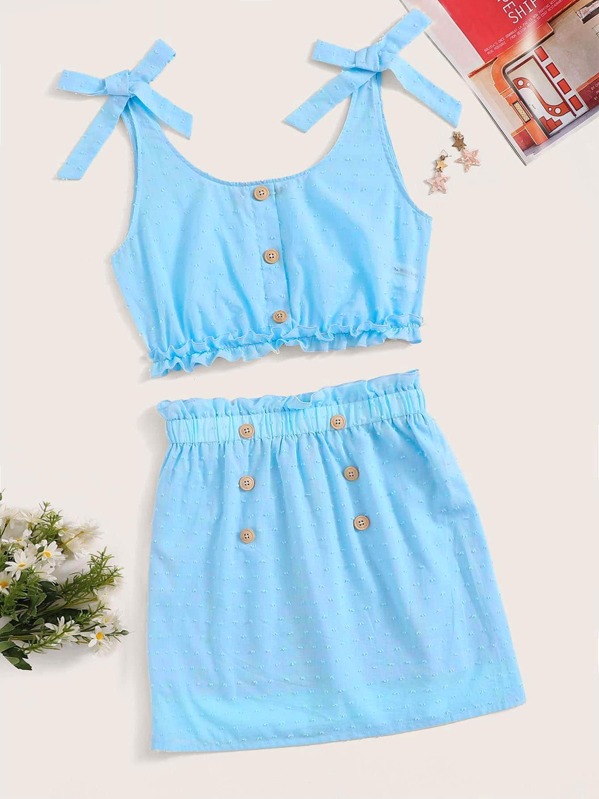 

Tie Shoulder Swiss Dot Top and Skirt Set, Blue
