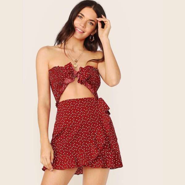 

Knot Front Shirred Heart Print Bandeau & Wrap Skirt Set, Burgundy