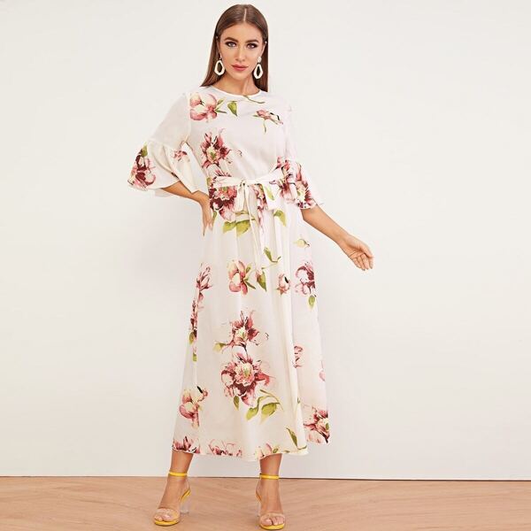 

Flounce Sleeve Self Belted Floral Print Dress, Beige