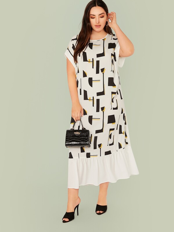 

Plus Geo Print Batwing Sleeve Ruffle Hem Dress, White, Yumi
