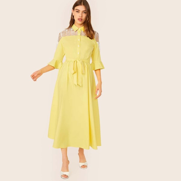 

Embroidered Mesh Yoke Bell Sleeve Shirt Dress, Yellow pastel