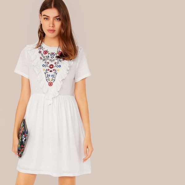 

Ruffle Trim Embroidered Flower Smock Dress