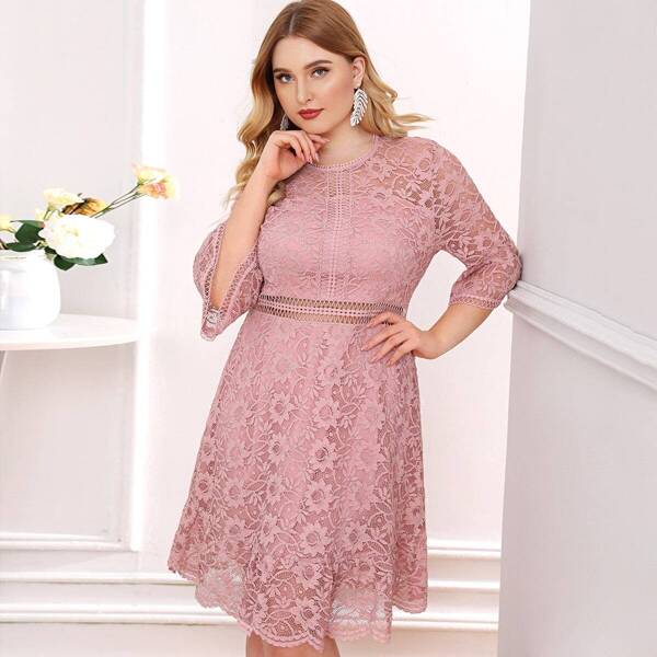 

Plus Zip Back Cut-out Lace Overlay Dress, Pink pastel