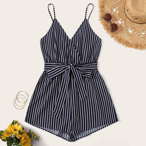 

Striped Surplice Neck Belted Cami Romper, Navy