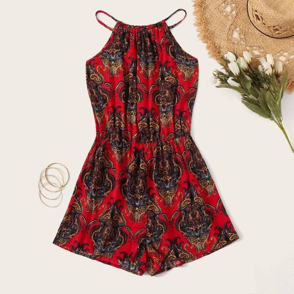 

Tribal Print Elastic Waist Halter Romper