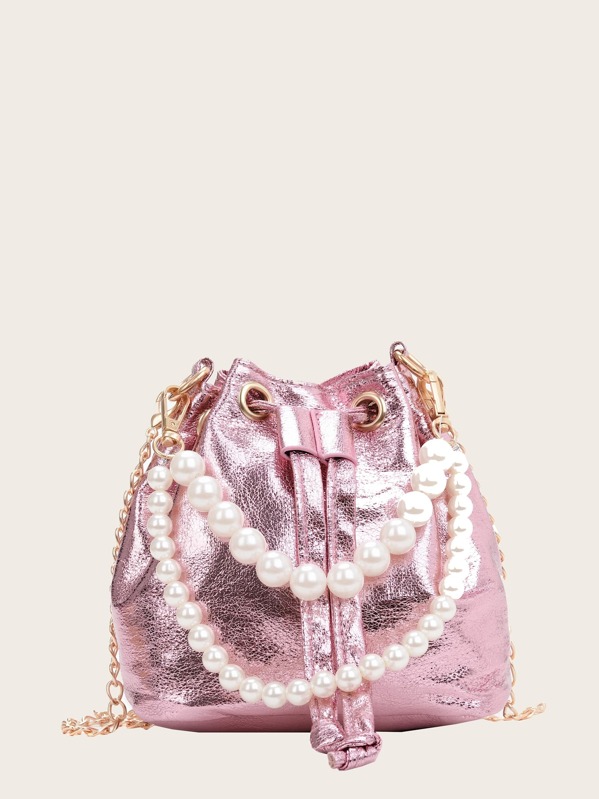 

Girls Faux Pearl Decor Handle Bucket Bag, Pink