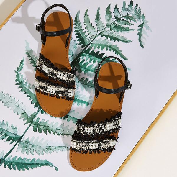 

Faux Pearl Decor Slingback Sandals, Black and white