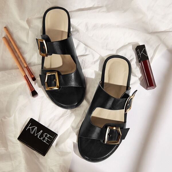 

Double Buckle Strap Flat Sliders, Black