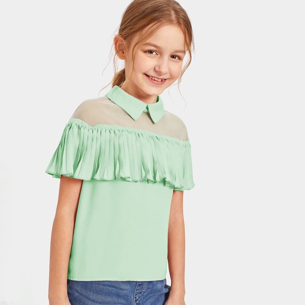 

Girls Mesh Yoke Pleated Ruffle Trim Top, Green pastel