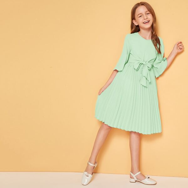 

Girls Tie Front Pleated Hem Midi Dress, Green pastel
