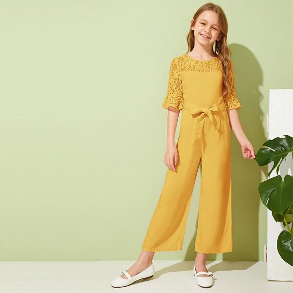 

Girls Lace Yoke Bell Sleeve Self Belted Jumpsuit, Yellow