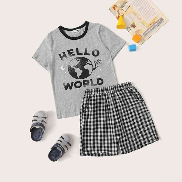 

Boys Mixed Print Top & Gingham Shorts PJ Set, Multicolor