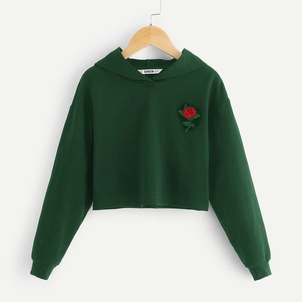 

Girls Flower Embroidery Patched Hoodie, Green