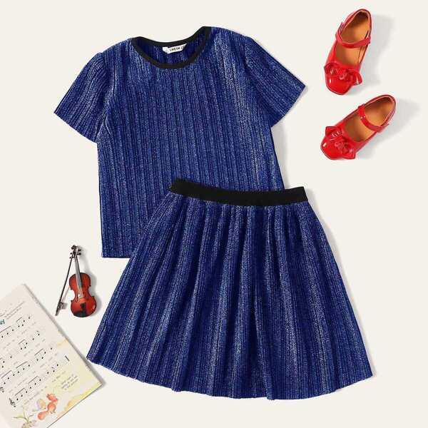 

Girls Contrast Neck Ribbed Glitter Top & Skirt Set