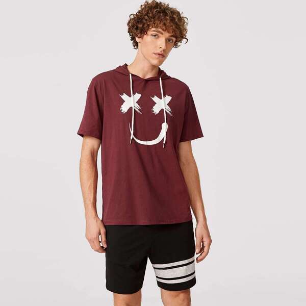 

Men Smile Print Short Sleeve Hoodie