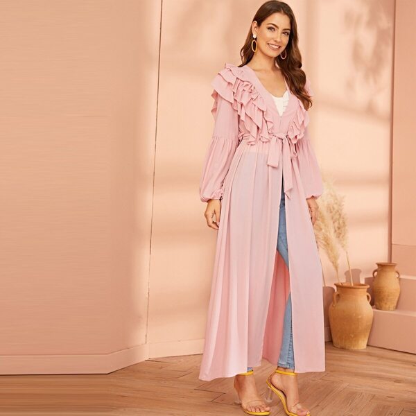 

Layered Ruffle Trim Lantern Sleeve Belted Abaya, Pink pastel