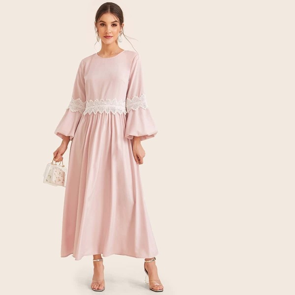 Guipure Lace Patched Lantern Sleeve Dress, Pink