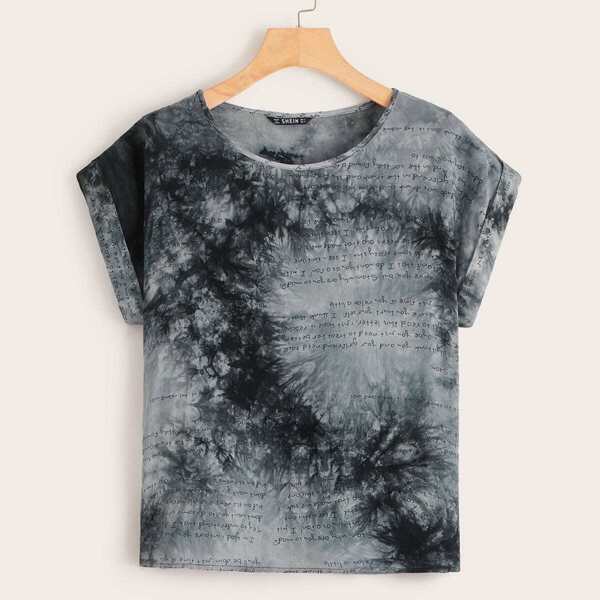 

Slogan Tie Dye Print Cuffed Sleeve Top