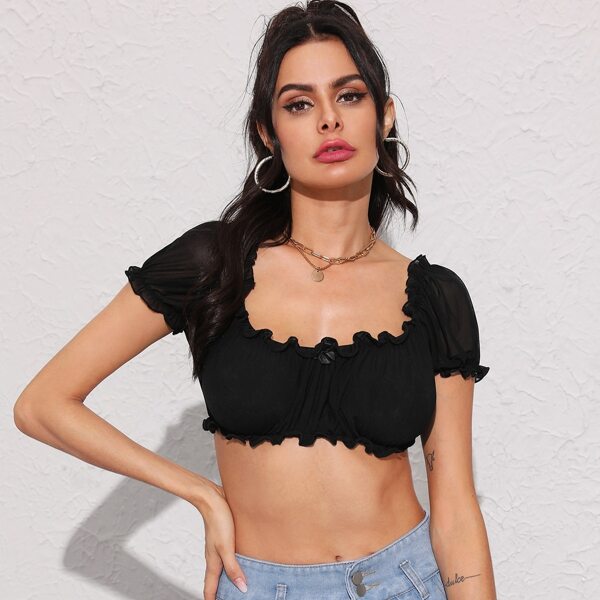 

Frill Trim Sheer Mesh Crop Top, Black