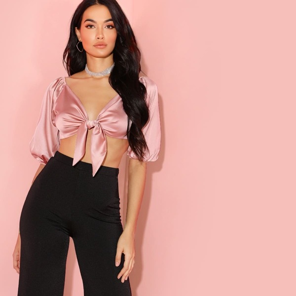 

Puff Sleeve Tie Front Satin Crop Top