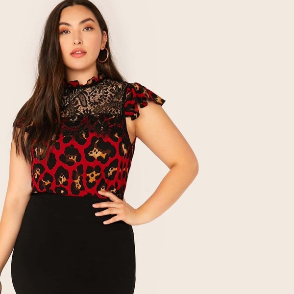 

Plus Frill Neck Lace Yoke Leopard Top, Multicolor