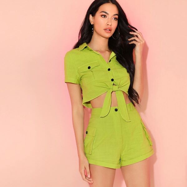 

Neon Lime Flap Pocket Tie Hem Shirt