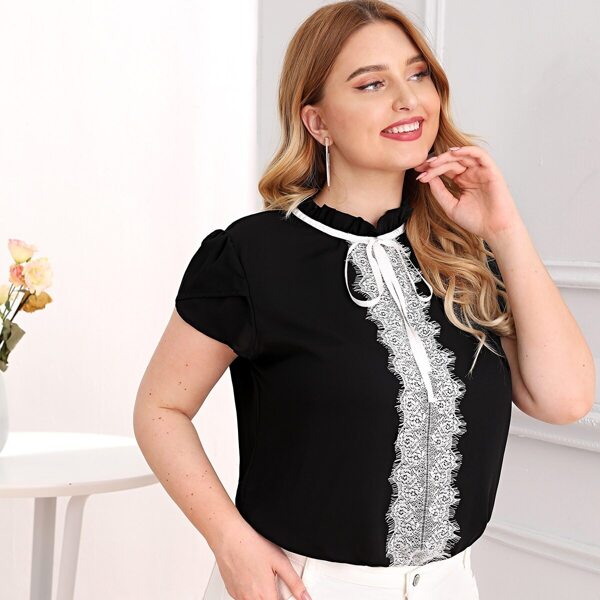 

Plus Lace Contrast Front Petal Sleeve Top, Black