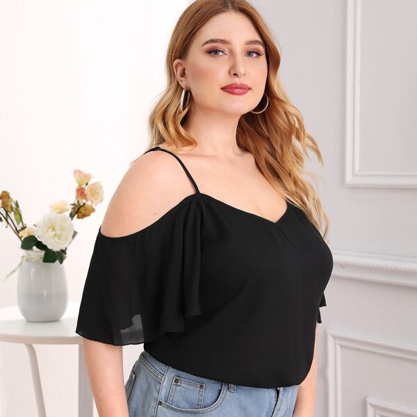 

Plus Solid Cold Shoulder Top, Black