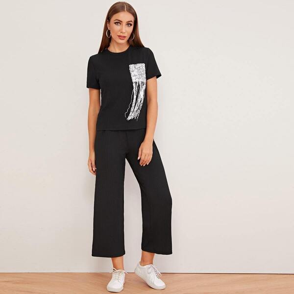 

Contrast Sequin Rib-knit Top and Wide Leg Pants Set, Black
