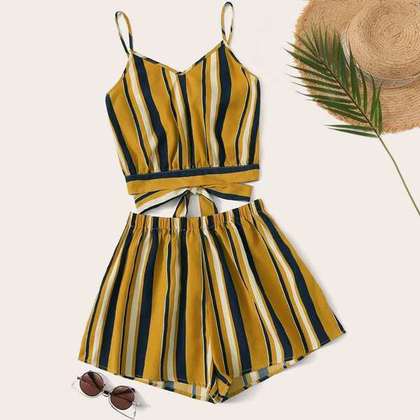 

Striped Tie Back Cami Top and Shorts Set, Multicolor