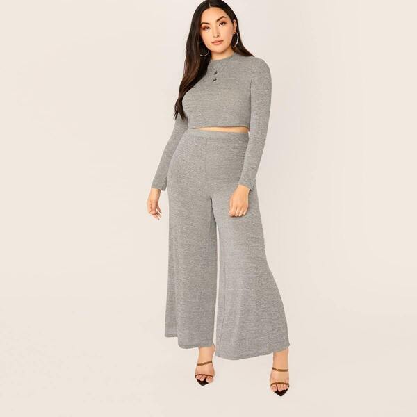 

Plus Solid Crop Top & Palazzo Pants Set, Grey