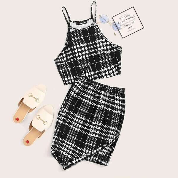 

Houndstooth Print Cami Crop Top & Skirt Set