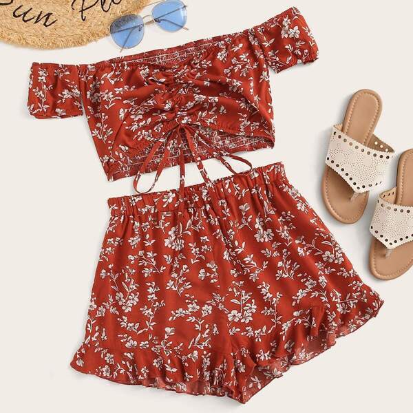 

Drawstring Front Shirred Back Bardot Top and Shorts Set