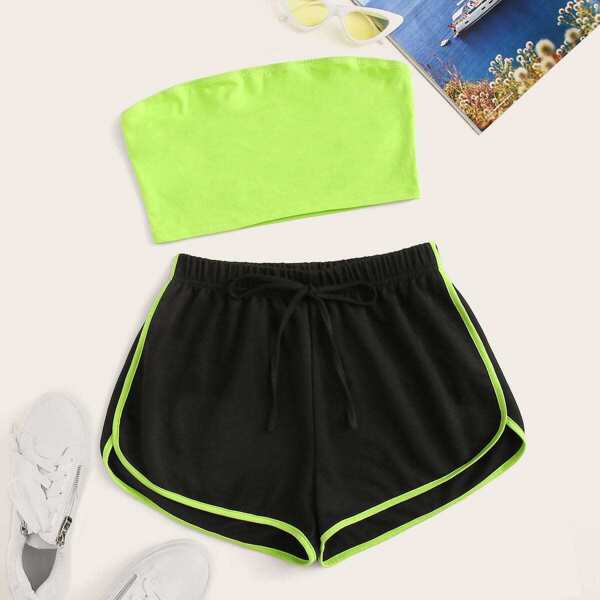 

Neon Lime Bandeau Top & Track Shorts Set, Multicolor bright