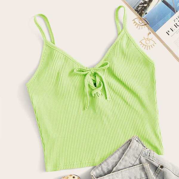 

Neon Green Lace Up Front Rib-knit Cami Top