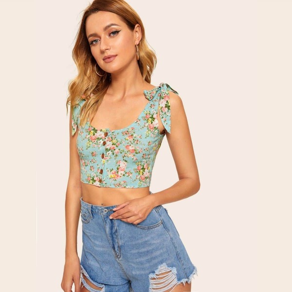 

Knot Shoulder Button Front Ditsy Floral Crop Top