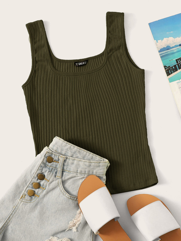 

Solid Rib-knit Form Fitting Tank Top, Army green